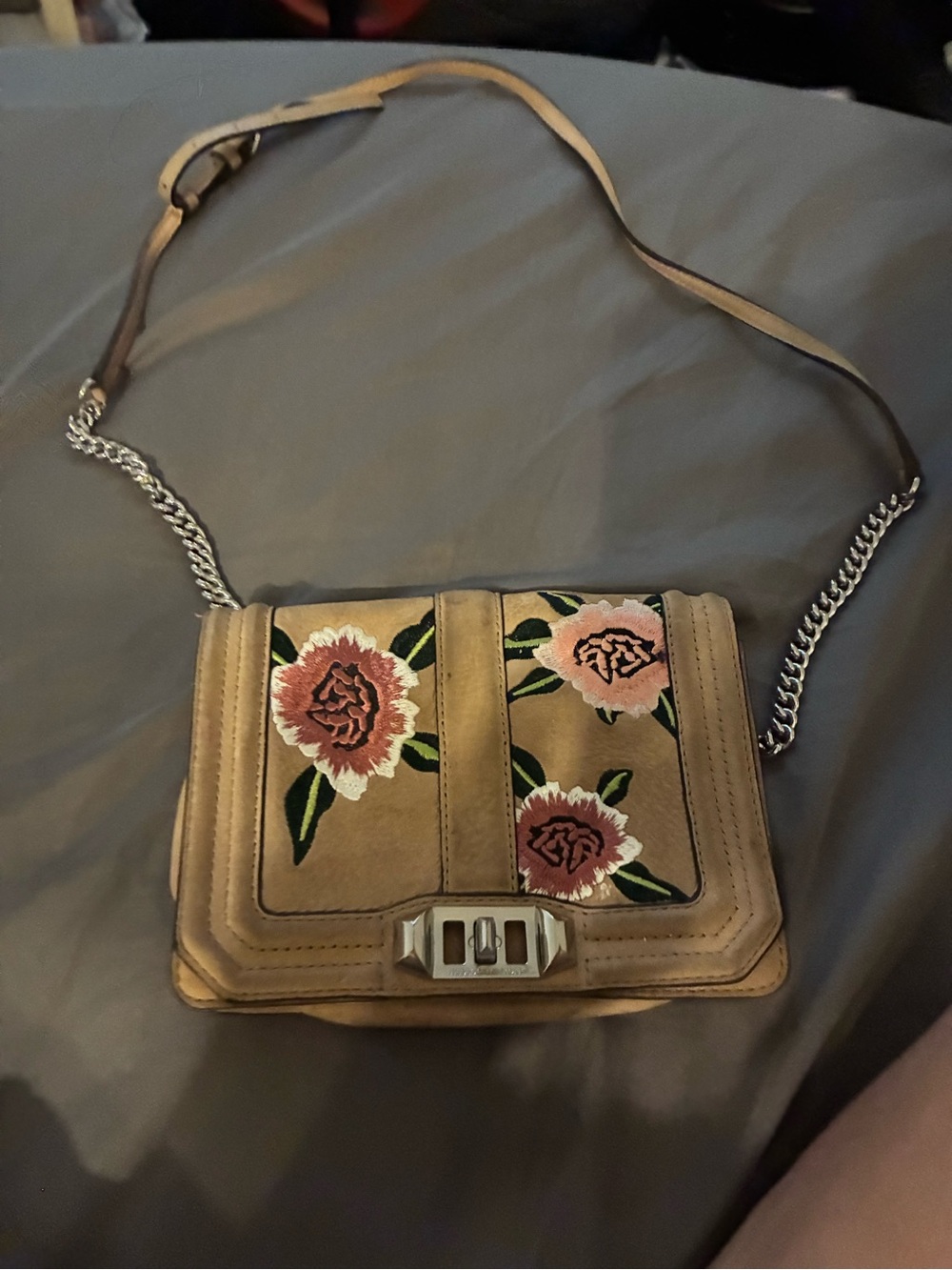 Floral Embroidered Beige Crossbody Bag